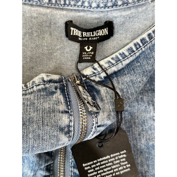 True Religion Denim Jumpsuit Womens XL Blue Front Zip Slit Distressed Overalls - Picture 13 of 14